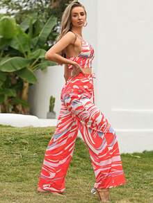 Missord Allover Print Crisscross Crop Cami Top & Tie Front Wide Leg Pants - Multicolor - View 6