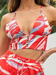 Missord Allover Print Crisscross Crop Cami Top & Tie Front Wide Leg Pants - Multicolor - View 7