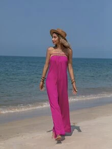 Rusttydustty Áo liền quần nữ Lộ Lưng Buộc lại Ruy băng Khối Màu Boho - Màu Hồng Tươi - Xem 3
