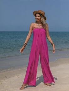 Rusttydustty Áo liền quần nữ Lộ Lưng Buộc lại Ruy băng Khối Màu Boho - Màu Hồng Tươi - Xem 4