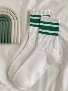 1pair Women's Simple Asymmetrical Green Striped Mid-Calf Socks, Fall - Multicolor - View 2