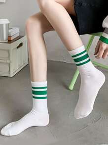 1pair Women's Simple Asymmetrical Green Striped Mid-Calf Socks, Fall - Multicolor - View 3