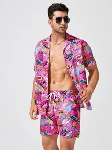 GENTILAND Hombres con estampado de letra Camisa & de cintura con cordón Shorts - Multicolor - Ver 3