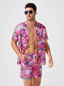 GENTILAND Hombres con estampado de letra Camisa & de cintura con cordón Shorts - Multicolor - Ver 4