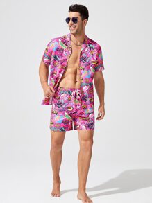 GENTILAND Hombres con estampado de letra Camisa & de cintura con cordón Shorts - Multicolor - Ver 5