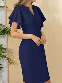 缺口V領蝴蝶袖連衣裙 - 藏蓝色 - 查看 4