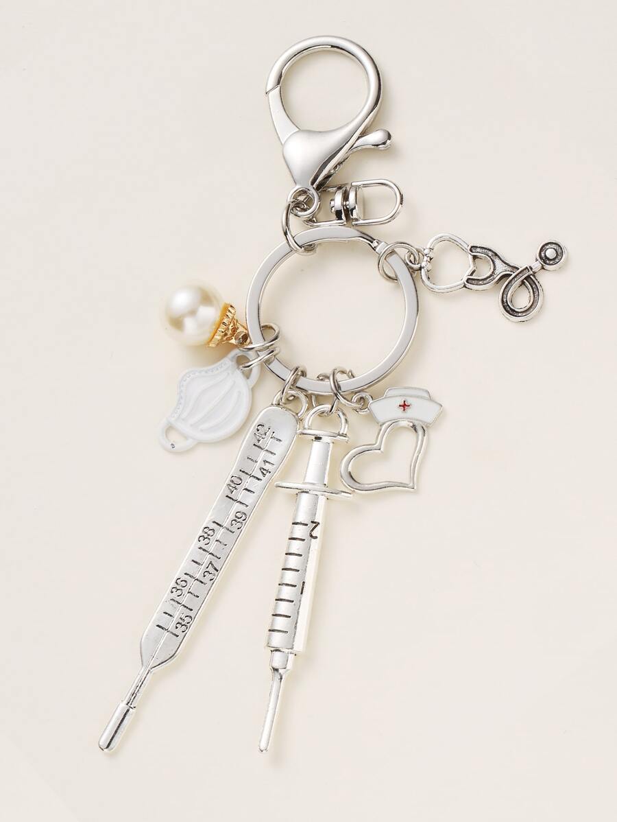 Móc khóa quyến rũ ống nghe & nhiệt kế - Bạc - Xem 1