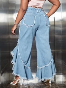 SHEIN SXY Plus High Waist Raw Cut Flare Leg Jeans - Light Wash - View 2