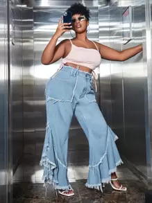 SHEIN SXY Plus High Waist Raw Cut Flare Leg Jeans - Light Wash - View 5