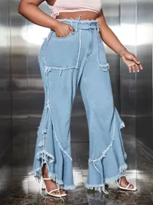 SHEIN SXY Plus High Waist Raw Cut Flare Leg Jeans - Light Wash - View 4