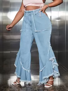 SHEIN SXY Plus High Waist Raw Cut Flare Leg Jeans - Light Wash - View 3