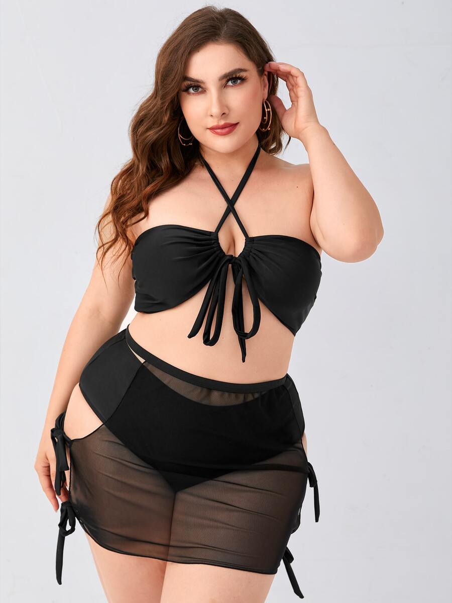 Plus Size Solid Halter Bikini Set & Beach Skirt Summer Beach - Black - View 1