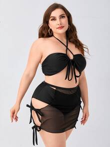 Plus Size Solid Halter Bikini Set & Beach Skirt Summer Beach - Black - View 3