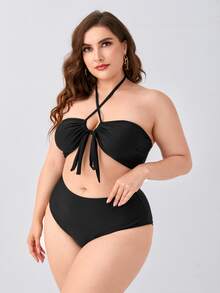 Plus Size Solid Halter Bikini Set & Beach Skirt Summer Beach - Black - View 4