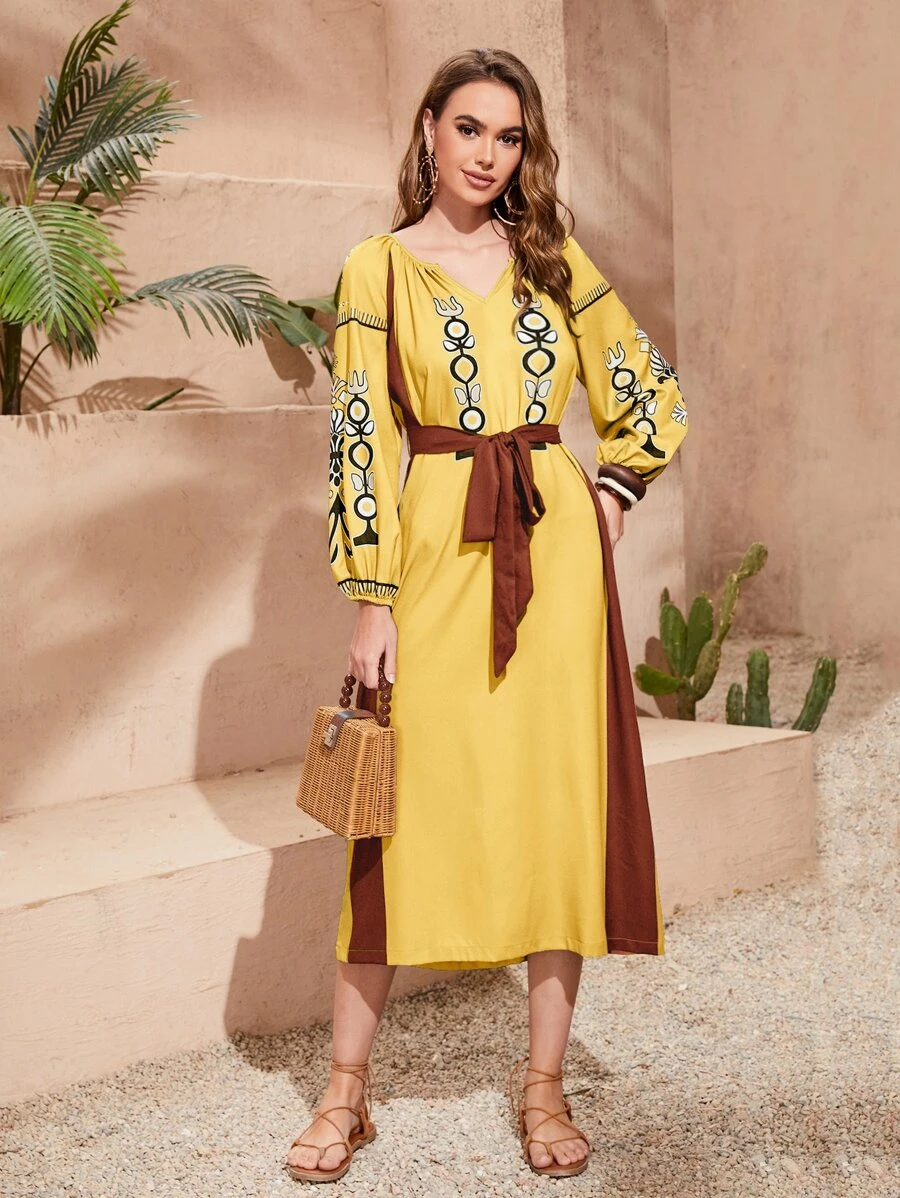 SHEIN Geo Print Colourblock Lantern Sleeve Belted Tunic Dress - Yellow - View 1