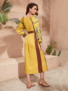 SHEIN Geo Print Colourblock Lantern Sleeve Belted Tunic Dress - Yellow - View 2