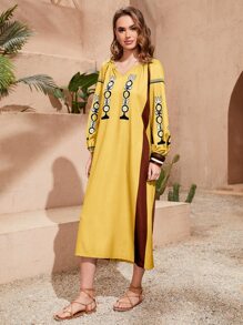 SHEIN Geo Print Colourblock Lantern Sleeve Belted Tunic Dress - Yellow - View 3