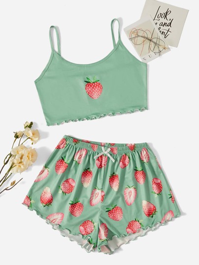 Set pigiama con bretelle sottile con stampa fragola fiocco frontale orlo lattuga