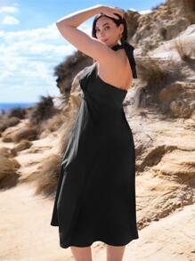 SHEIN Plus Halter Neck Criss Cross Tie Back Dress - Black - View 2