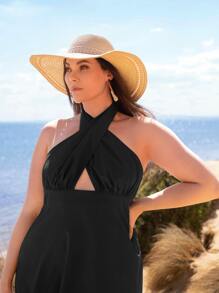 SHEIN Plus Halter Neck Criss Cross Tie Back Dress - Black - View 4