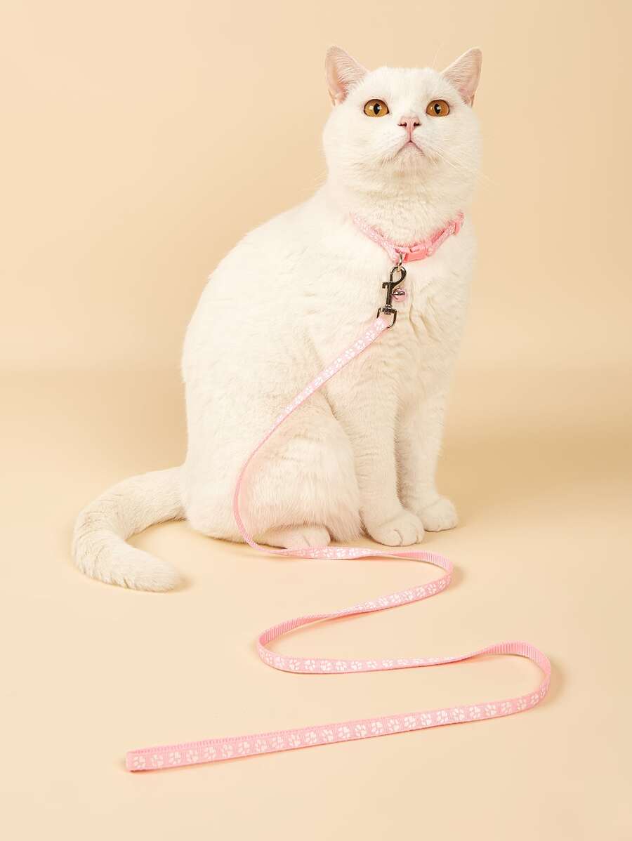 粉色爪印图案宠物牵引绳套装，适合猫咪或小型犬 - 粉色 - 查看 1