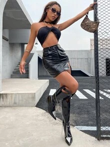 SHEIN Áo hai dây Lộ Lưng Chuỗi Trọn gói màu trơn Gợi cảm - màu đen - Xem 7