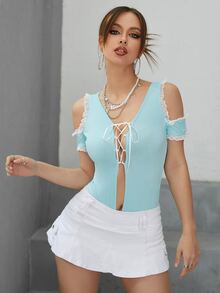 Lace Trim Cold Shoulder Tie Front Bodysuit - Baby Blue - View 3