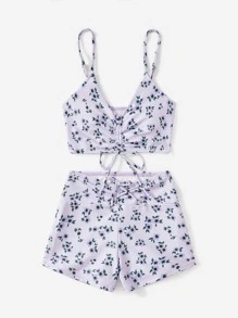 ROMWE X Gabiciamp Floral Print Drawstring Ruched Bikini Swimsuit - Lilac Purple - View 2