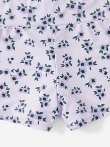 ROMWE X Gabiciamp Floral Print Drawstring Ruched Bikini Swimsuit - Lilac Purple - View 4