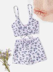 ROMWE X Gabiciamp Floral Print Drawstring Ruched Bikini Swimsuit - Lilac Purple - View 6