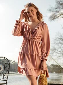 SHEIN Vestido ribete con fruncido de manga con volante - Rosa vieja - Ver 1