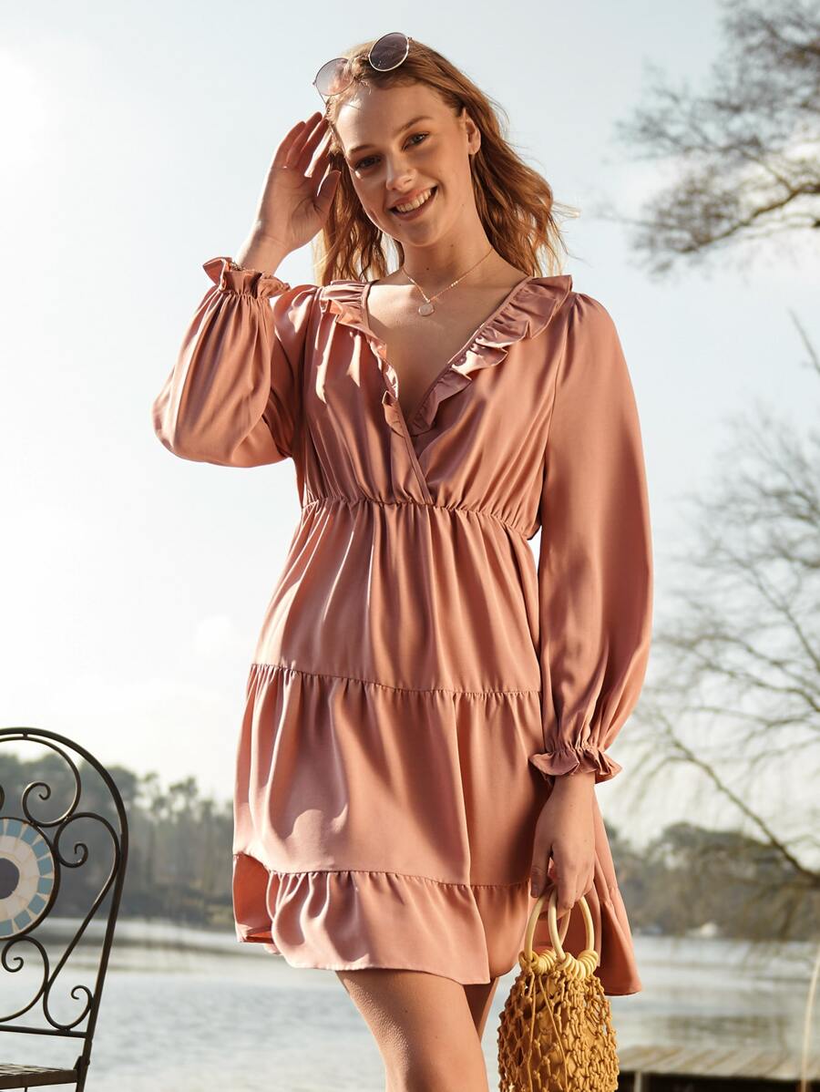 SHEIN Vestido ribete con fruncido de manga con volante - Rosa vieja - Ver 1