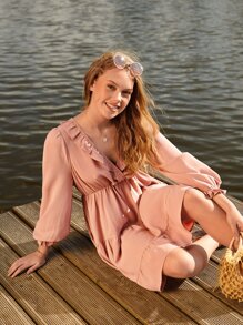 SHEIN Vestido ribete con fruncido de manga con volante - Rosa vieja - Ver 4