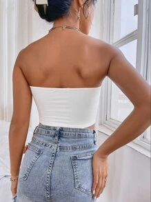 SHEIN PETITE Solid Backless Crop Tube Top - White - View 2