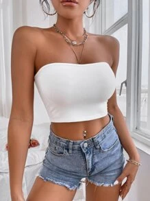 SHEIN PETITE Solid Backless Crop Tube Top - White - View 3