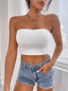 SHEIN PETITE Solid Backless Crop Tube Top - White - View 5