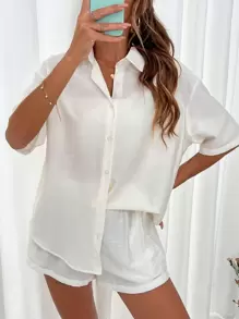 Chiquease Camisa con botón de hombros caídos & Shorts de cintura con cordón - Blanco - Ver 4