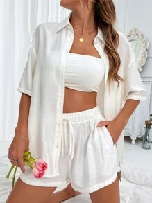 Chiquease Camisa con botón de hombros caídos & Shorts de cintura con cordón - Blanco - Ver 5