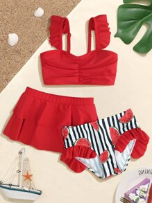 Young Girl 3packs Vertical Striped & Watermelon Print Ruffle Trim Bikini Set Summer Beach - Multicolor - View 1