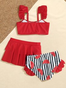 Young Girl 3packs Vertical Striped & Watermelon Print Ruffle Trim Bikini Set Summer Beach - Multicolor - View 2
