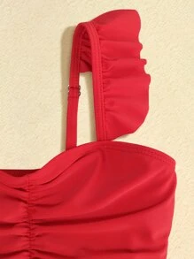 Young Girl 3packs Vertical Striped & Watermelon Print Ruffle Trim Bikini Set Summer Beach - Multicolor - View 3