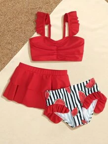 Young Girl 3packs Vertical Striped & Watermelon Print Ruffle Trim Bikini Set Summer Beach - Multicolor - View 4