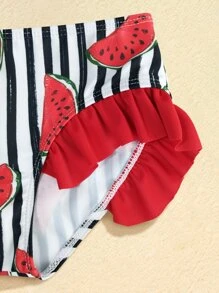 Young Girl 3packs Vertical Striped & Watermelon Print Ruffle Trim Bikini Set Summer Beach - Multicolor - View 5