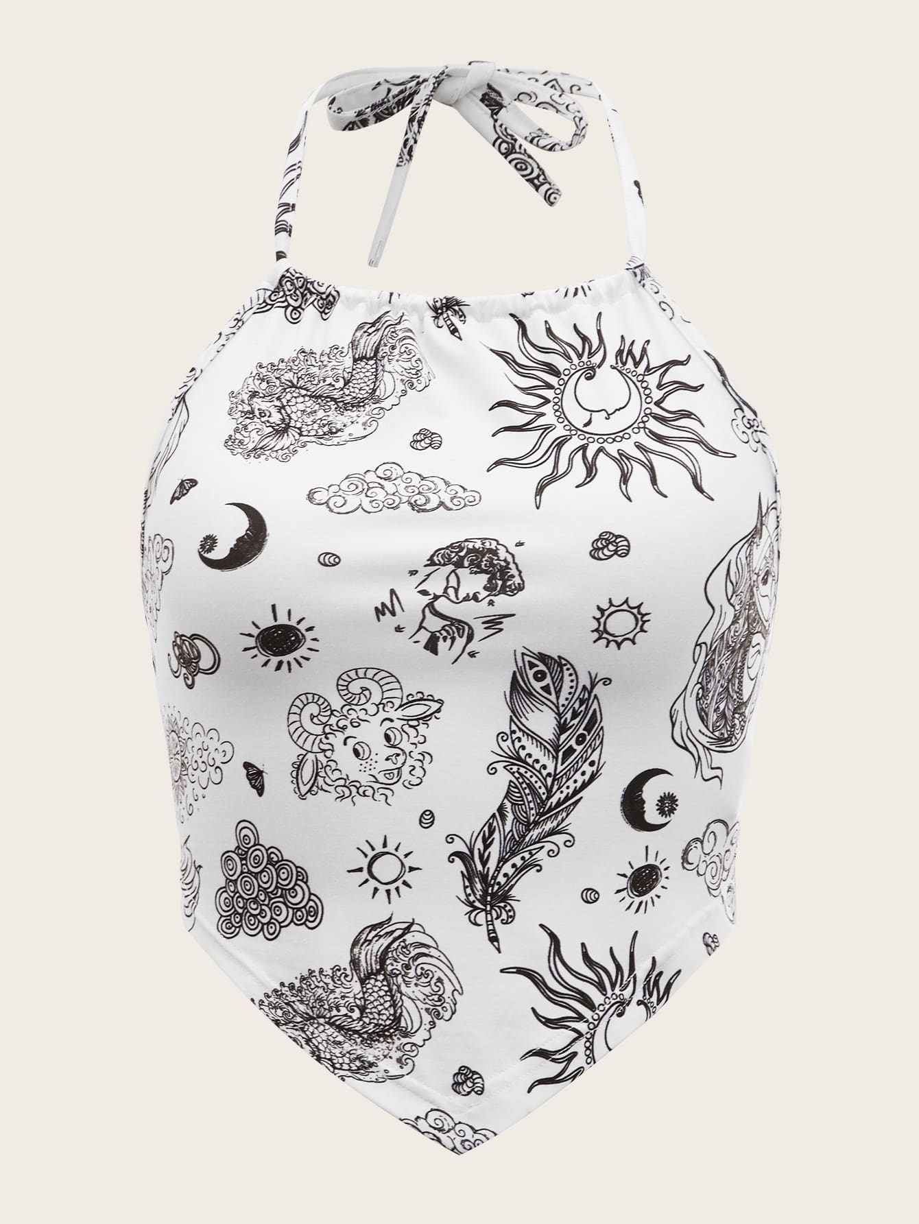 Muchica 圖案印花方巾後背繫帶短款上衣 - 黑與白 - 查看 1