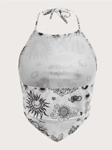 Muchica 圖案印花方巾後背繫帶短款上衣 - 黑與白 - 查看 2