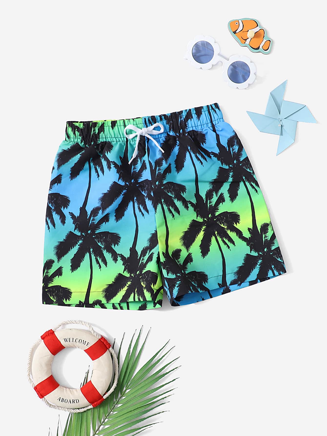 Tween Boy Palm Tree Print Tie Front Swim Trunks