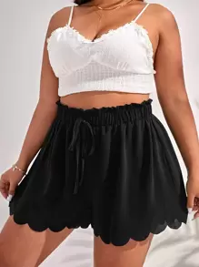 SHEIN Frenchy Plus Scallop Trim Tie Front Shorts - Black - View 1