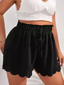 SHEIN Frenchy Plus Scallop Trim Tie Front Shorts - Black - View 4