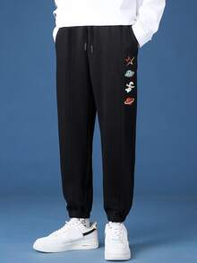 Manfinity Nam Lỏng lẻo phù hợp Không gian Mẫu In Quần thể thao Với dây rút Và Đường may Chi tiết - màu đen - Xem 3