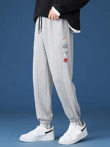 Manfinity Men Spaceman & Planet Print Seam Detail Drawstring Joggers - Grey - View 4